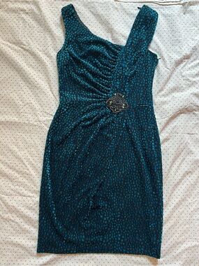 David Meister Turquoise Burnout Velvet Cocktail Dress With Beading, Size 8